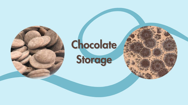 A banner for chocolate storage showing the difference between fat and sugar blooms