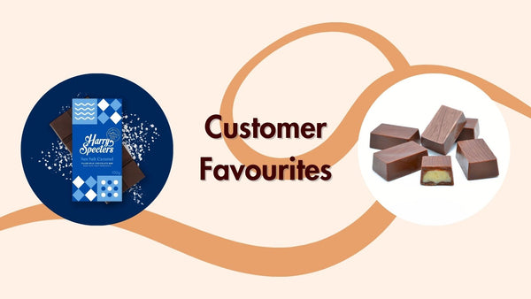 A banner reading customer favourites with a sea salt caramel chocolate bar and some individual vanilla coconut chocolates