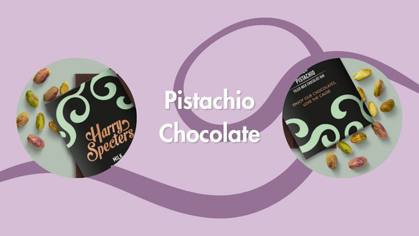 A purple banner with pistachio chocolate written in the centre and images either side of a pistachio chocolate bar
