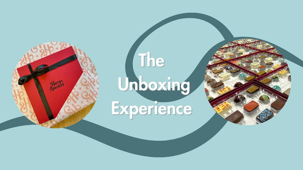 A banner which reads 'the unboxing experience' showing two chocolate boxes