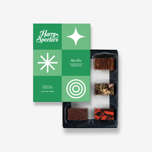 A box of 6 artisan chocolates by Harry Specters including Teachers gift themed designs partially covered by a box lid