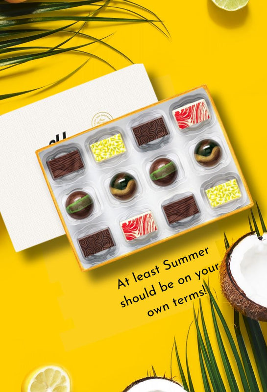 A chocolate box with summer flavours on a tropical yellow background
