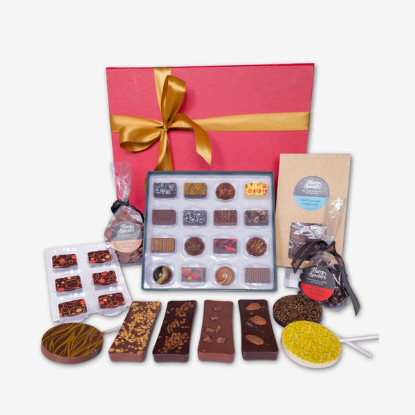 A medium chocolate hamper including mini treats, chocolate bars, and a box of premium chocolates