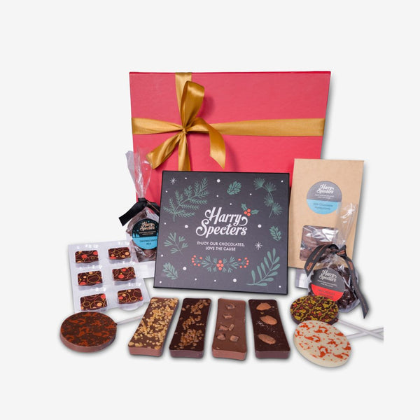 A medium chocolate Christmas hamper including mini treats, chocolate bars, and a box of luxury chocolates