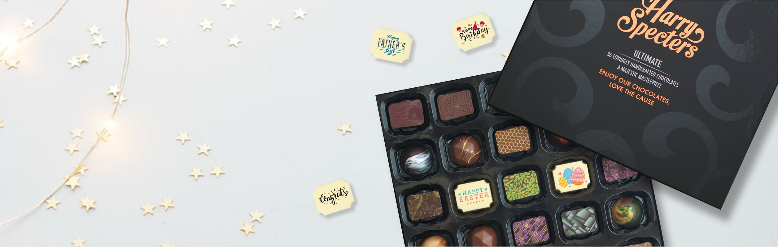 A box of chocolates for different occasions on a white background