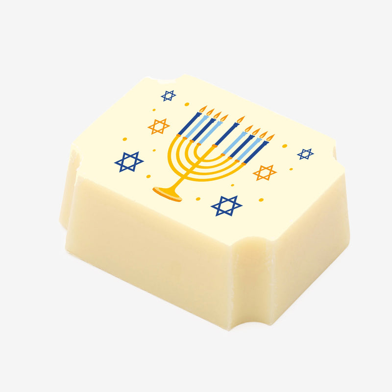 A white chocolate with a Hanukkah menorah design