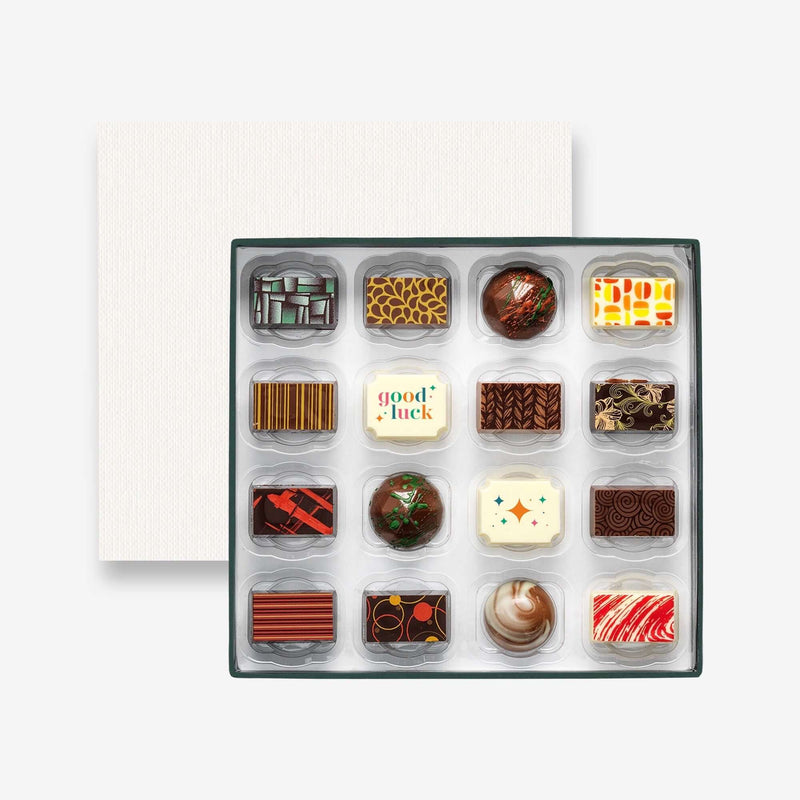 A good luck chocolate box featuring colourful artisan chocolates.