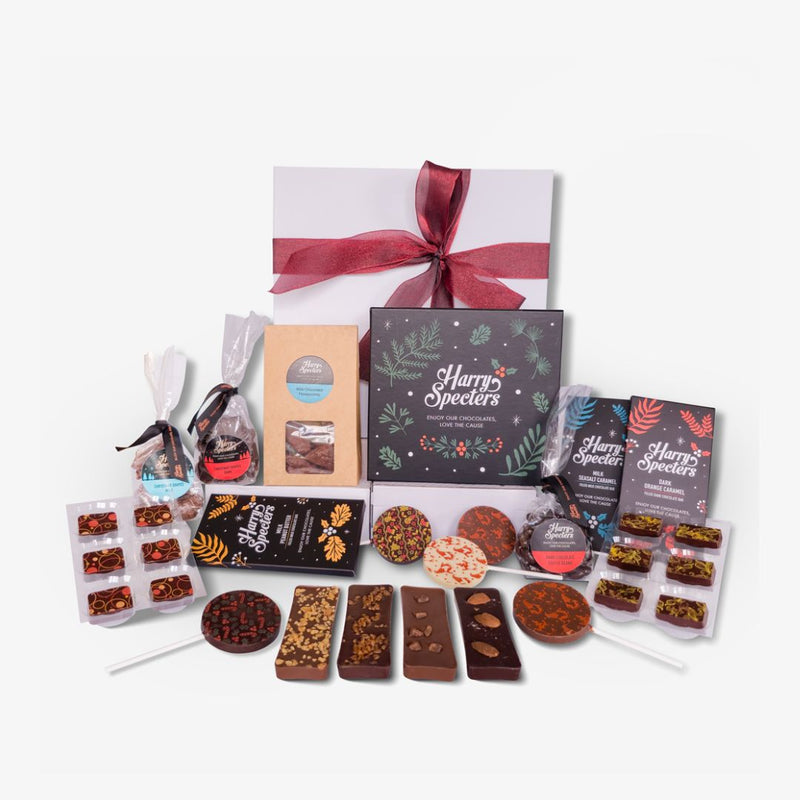 A large chocolate Christmas hamper featuring mini treats, bars, and a box of luxury chocolates