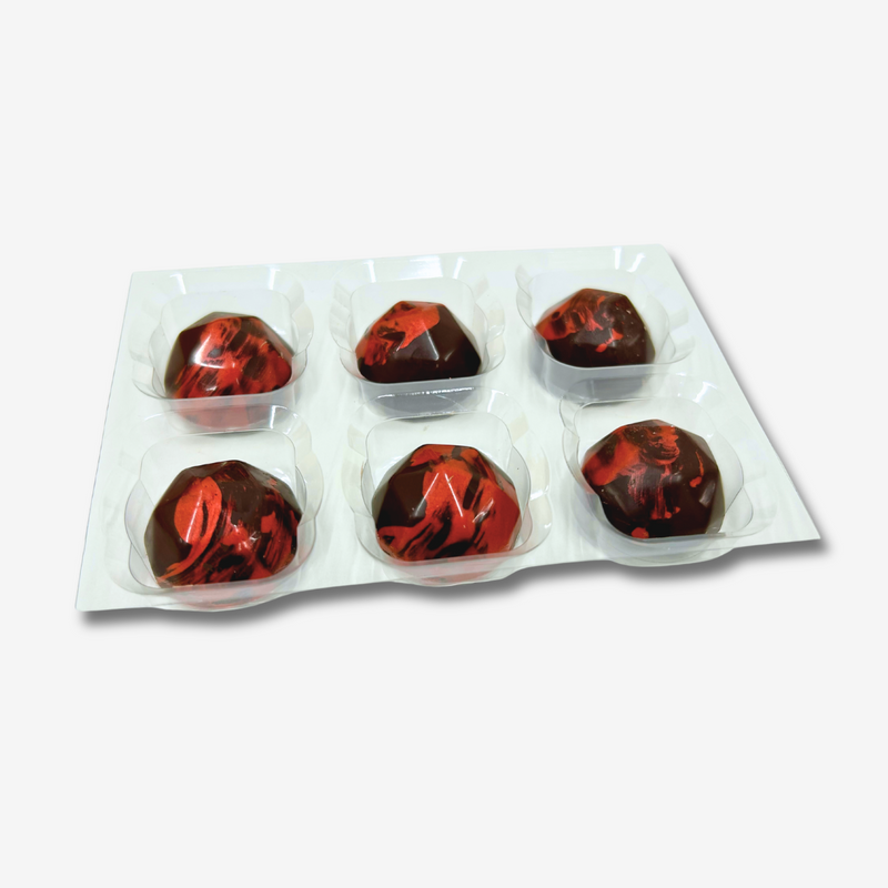 A tray of 6 raspberry rush dark chocolates