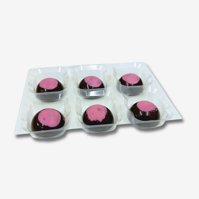 A tray of six Strawberry Lime dark chocolates