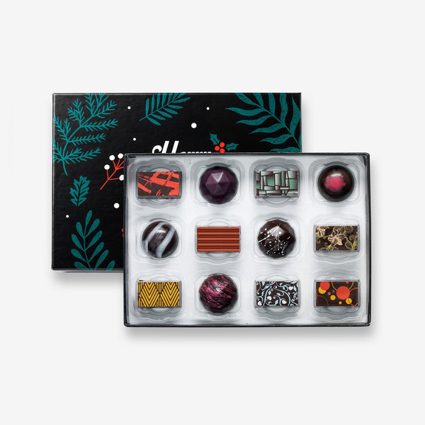 A Christmas chocolate box made with plant-based ingredients